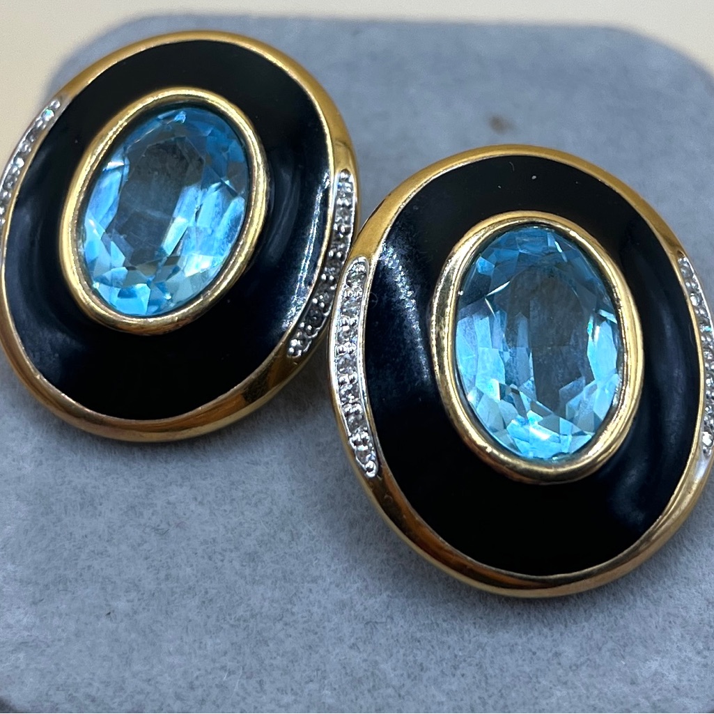 Vtg Rare Panetta High End Blue Glass Aquamarine Black Enamel Golden Earrings
